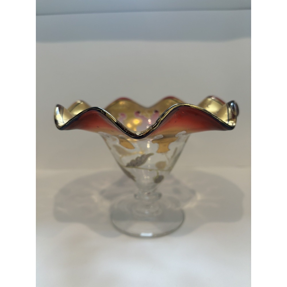 Czech Bohemian Cranberry And Gold Ruffle‎ Compote